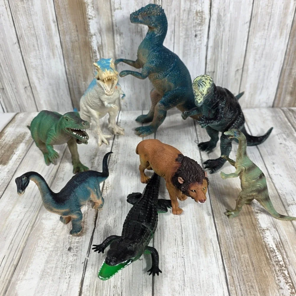 Vintage Style Dinosaur and Wild Animal Toy Figure Lot T-Rex Lion Crocodile 8pc